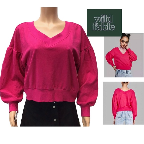 Wild Fable Pink Balloon Sleeve Cropped V-Neck Sweatshirt - Picture 1 of 11